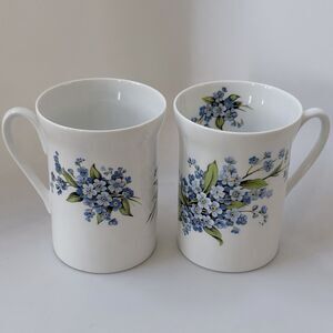 Vintage Windsor Bone China Mugs Set of 2 Forget-Me-Not Blue Floral England